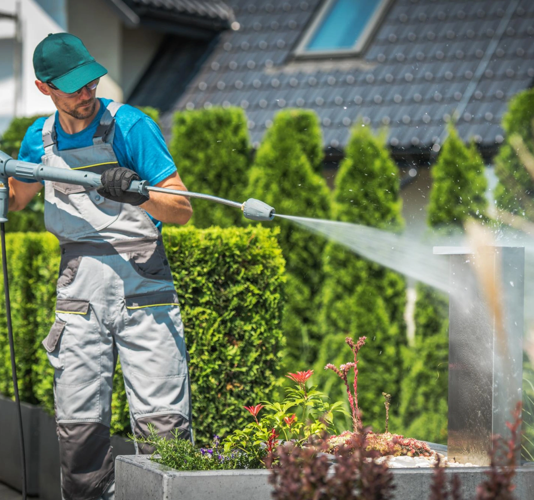 A person in gray overalls, teal shirt, gloves, and cap uses a pressure washer to clean an outdoor metallic or stone structure in a landscaped garden with hedges and a house in the background.